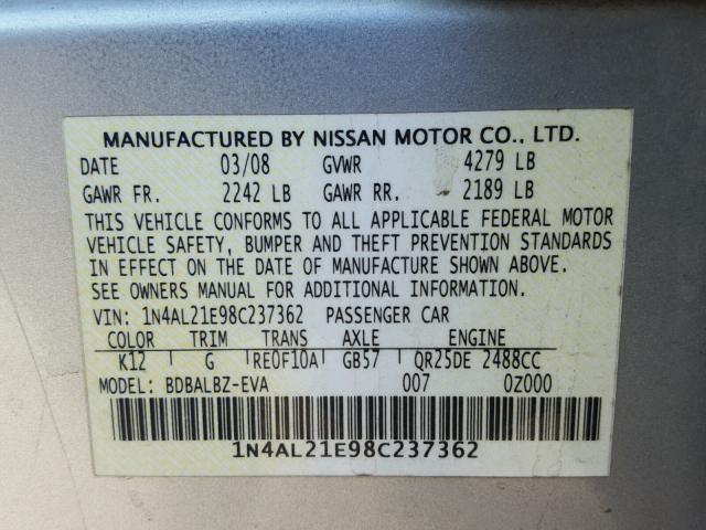 1N4AL21E98C237362 - 2008 NISSAN ALTIMA 2.5 SILVER photo 10