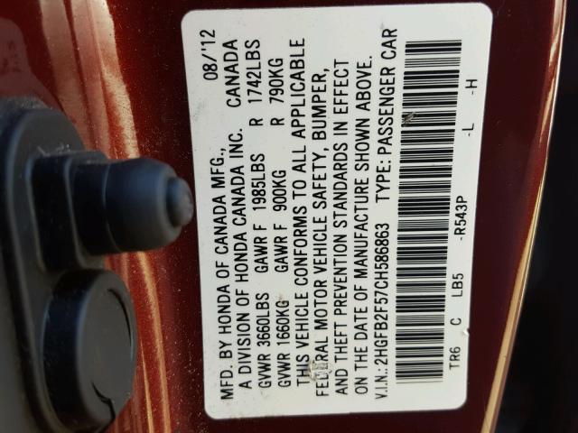 2HGFB2F57CH586863 - 2012 HONDA CIVIC LX MAROON photo 10