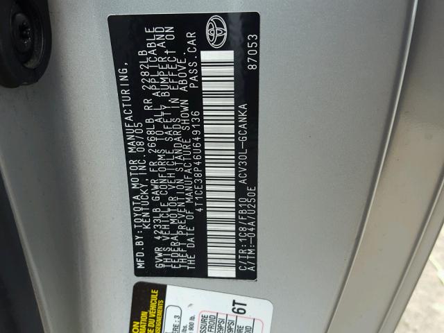 4T1CE38P46U649136 - 2006 TOYOTA CAMRY SOLA SILVER photo 10