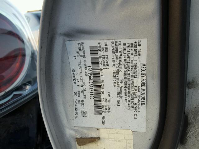 1FAFP56U57A171155 - 2007 FORD TAURUS SEL SILVER photo 10