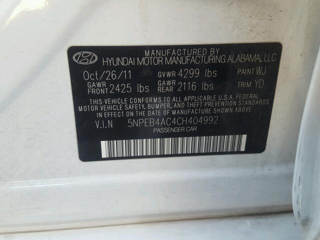 5NPEB4AC4CH404992 - 2012 HYUNDAI SONATA GLS WHITE photo 10