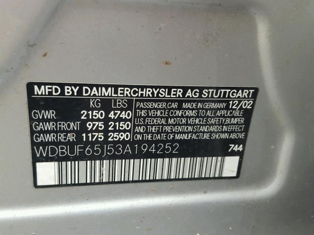 WDBUF65J53A194252 - 2003 MERCEDES-BENZ E 320 SILVER photo 10