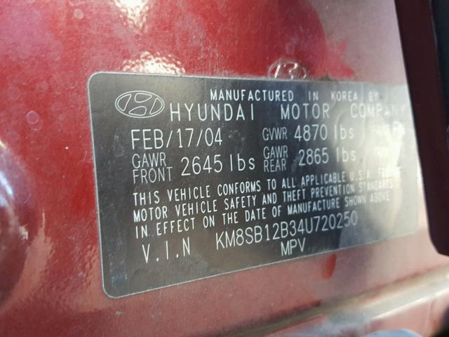 KM8SB12B34U720250 - 2004 HYUNDAI SANTA FE G RED photo 10