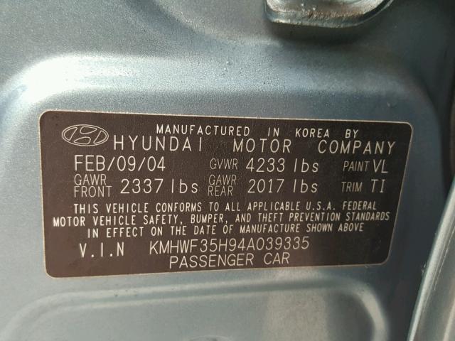 KMHWF35H94A039335 - 2004 HYUNDAI SONATA GLS GREEN photo 10