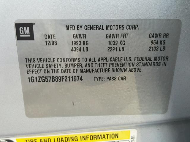 1G1ZG57B89F211974 - 2009 CHEVROLET MALIBU LS 银色 照片 10