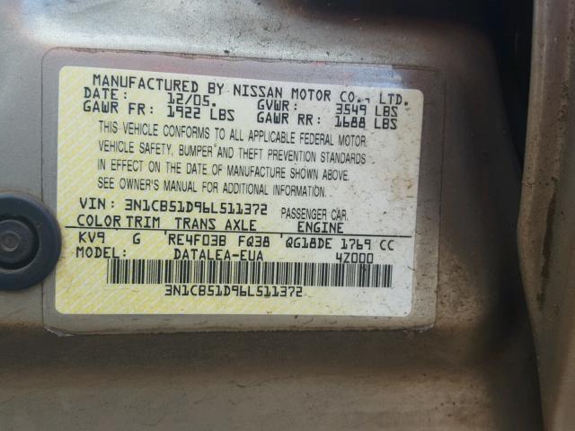 3N1CB51D96L511372 - 2006 NISSAN SENTRA 1.8 SILVER photo 10