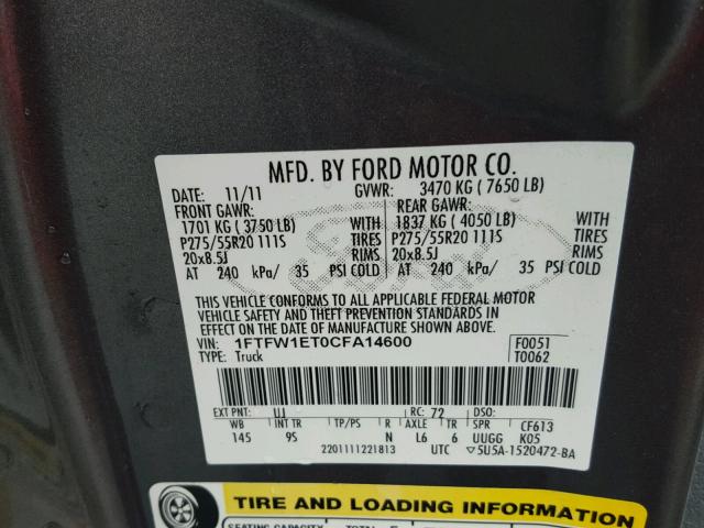 1FTFW1ET0CFA14600 - 2012 FORD F150 SUPER GRAY photo 10