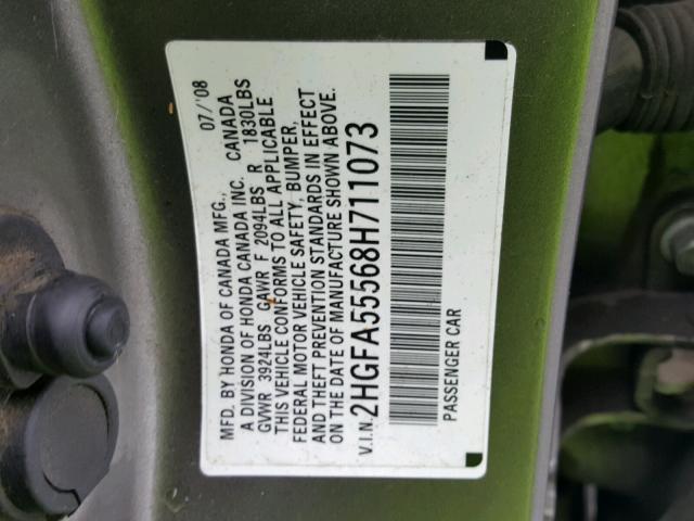 2HGFA55568H711073 - 2008 HONDA CIVIC SI GRAY photo 10