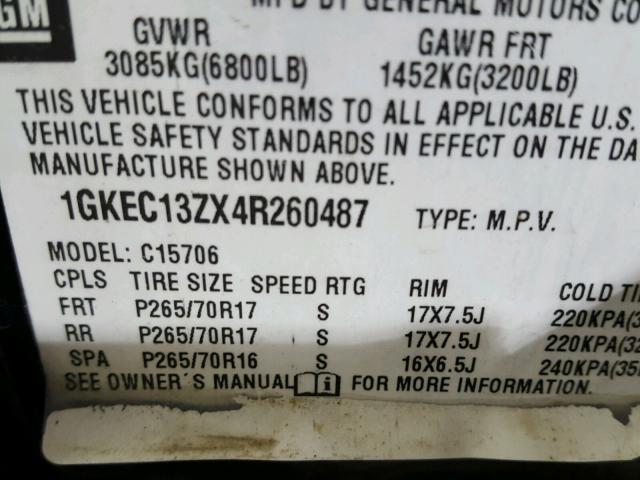 1GKEC13ZX4R260487 - 2004 GMC YUKON BLACK photo 10