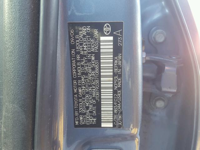 JTDBT923871088831 - 2007 TOYOTA YARIS BLUE photo 10