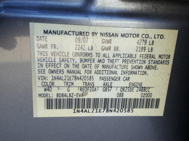 1N4AL21E78N420585 - 2008 NISSAN ALTIMA 2.5 SILVER photo 10