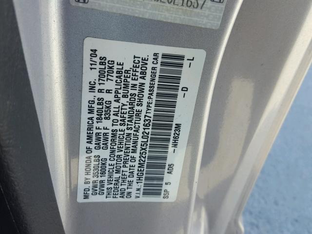 1HGEM225X5L021637 - 2005 HONDA CIVIC LX SILVER photo 10