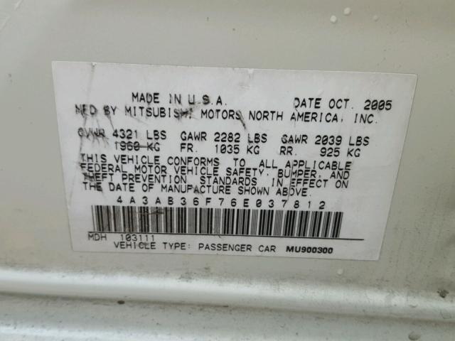 4A3AB36F76E037812 - 2006 MITSUBISHI GALANT ES WHITE photo 10