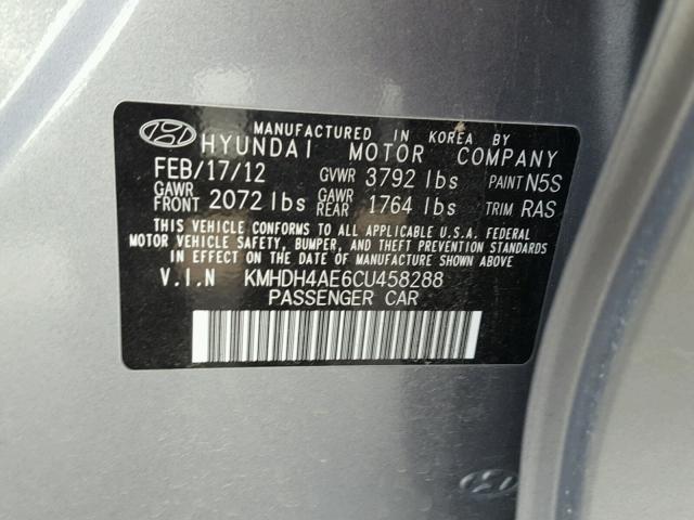 KMHDH4AE6CU458288 - 2012 HYUNDAI ELANTRA GL GRAY photo 10