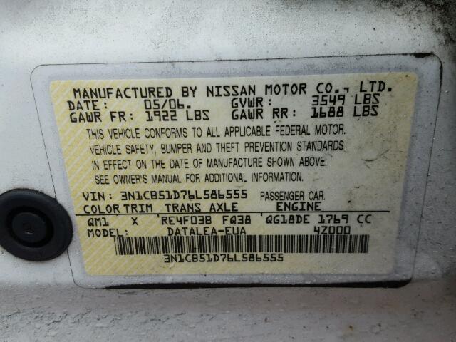 3N1CB51D76L586555 - 2006 NISSAN SENTRA 1.8 WHITE photo 10