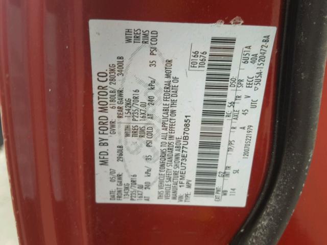 1FMEU73E77UB70851 - 2007 FORD EXPLORER X RED photo 10