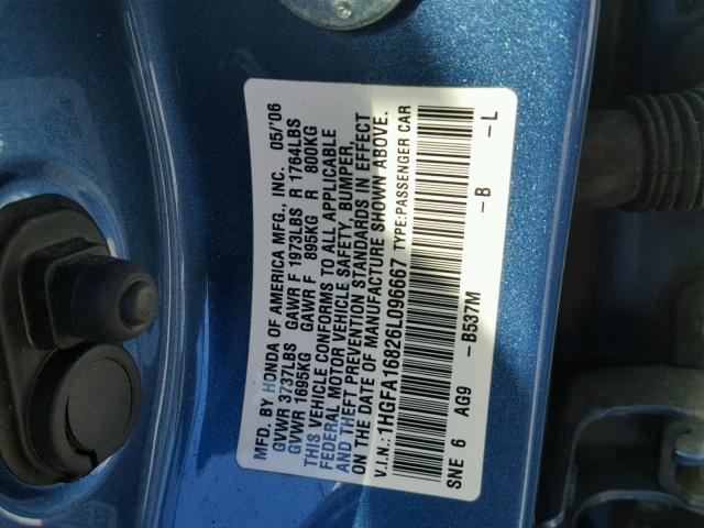 1HGFA16826L096667 - 2006 HONDA CIVIC EX BLUE photo 10