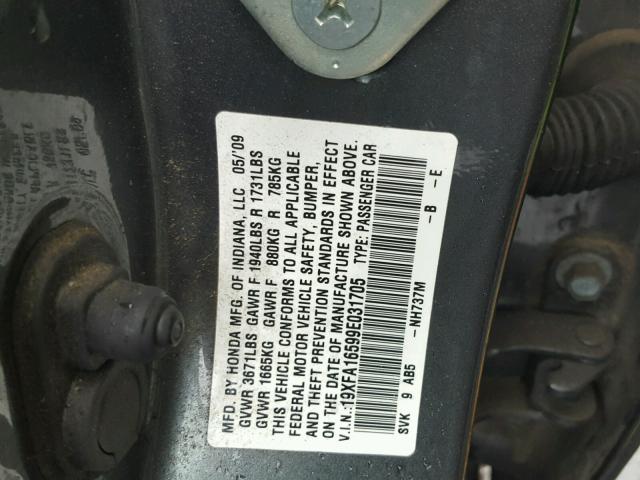 19XFA16599E031705 - 2009 HONDA CIVIC LX CHARCOAL photo 10