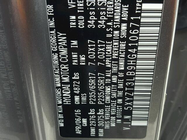 5XYZT3LB9HG410671 - 2017 HYUNDAI SANTA FE S 灰色 照片 10