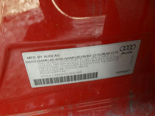 WAULC68E83A368364 - 2003 AUDI A4 1.8T QU RED photo 10