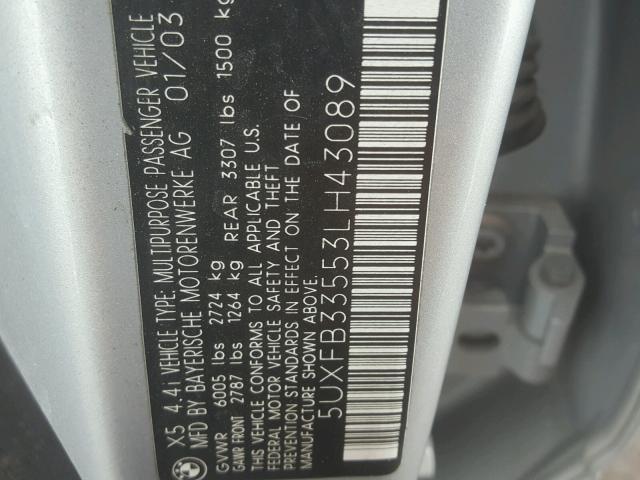 5UXFB33553LH43089 - 2003 BMW X5 4.4I SILVER photo 10