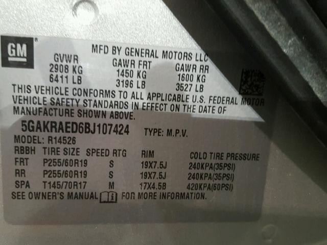 5GAKRAED6BJ107424 - 2011 BUICK ENCLAVE CX SILVER photo 10