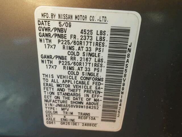 JN8AS58V99W184252 - 2009 NISSAN ROGUE S GRAY photo 10