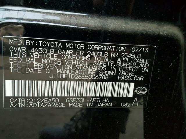 JTHBF1D26E5006788 - 2014 LEXUS IS 250 BLACK photo 10