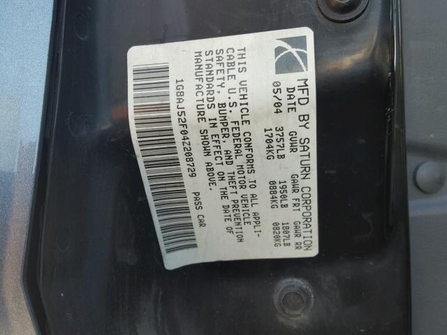 1G8AJ52F04Z208729 - 2004 SATURN ION LEVEL GREEN photo 10