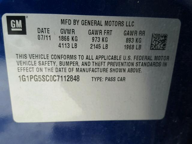 1G1PG5SC0C7112848 - 2012 CHEVROLET CRUZE LT BLUE photo 10