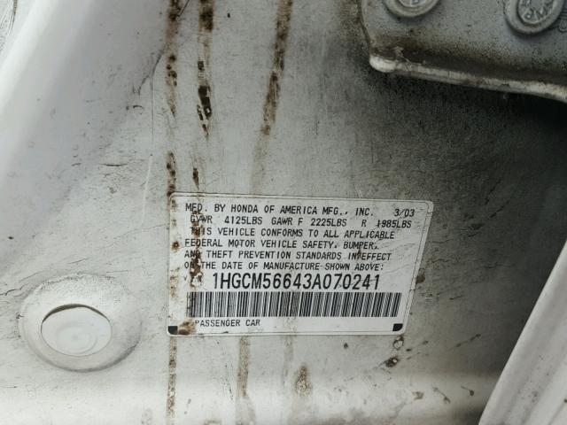 1HGCM56643A070241 - 2003 HONDA ACCORD EX WHITE photo 10