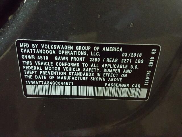 1VWAT7A34GC044571 - 2016 VOLKSWAGEN PASSAT S GRAY photo 10