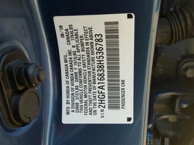 2HGFA16838H536783 - 2008 HONDA CIVIC EX BLUE photo 10