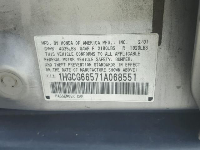 1HGCG66571A068551 - 2001 HONDA ACCORD LX SILVER photo 10