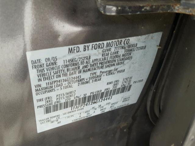 1FAFP24126G124443 - 2006 FORD FIVE HUNDR GRAY photo 10