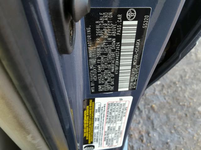 4T1BF30K44U573424 - 2004 TOYOTA CAMRY LE BLUE photo 10