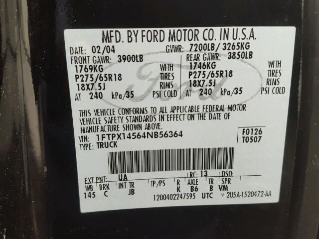 1FTPX14564NB56364 - 2004 FORD F150 BLACK photo 10