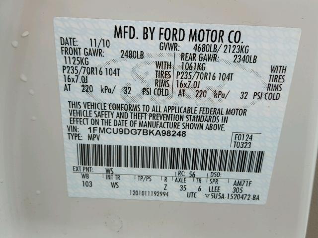 1FMCU9DG7BKA98248 - 2011 FORD ESCAPE XLT WHITE photo 10