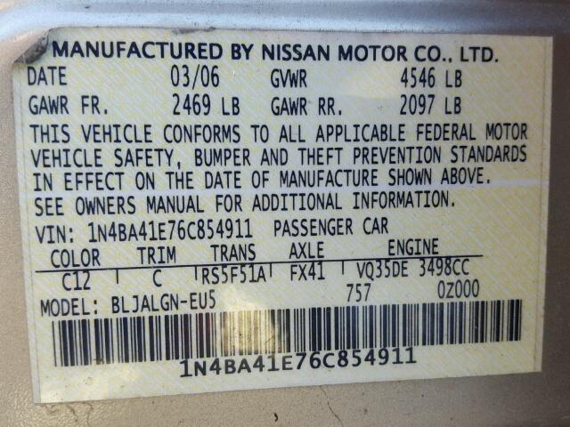 1N4BA41E76C854911 - 2006 NISSAN MAXIMA SE TAN photo 10