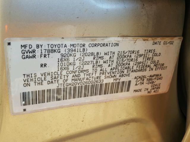 JTEGH20V026002633 - 2002 TOYOTA RAV4 BROWN photo 10