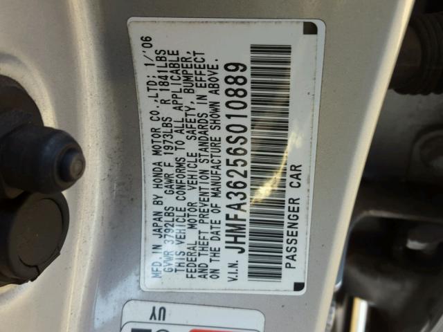 JHMFA36256S010889 - 2006 HONDA CIVIC HYBR SILVER photo 10