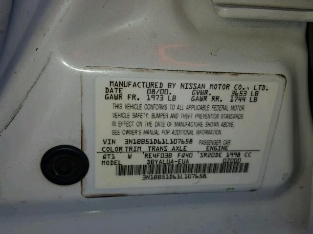 3N1BB51D61L107658 - 2001 NISSAN SENTRA SE WHITE photo 10