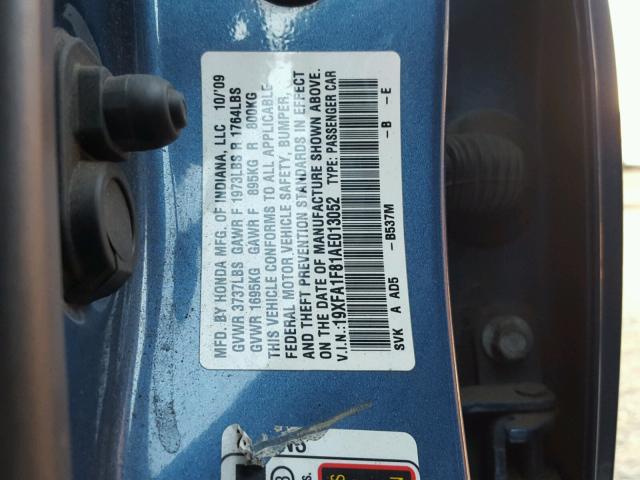 19XFA1F81AE013052 - 2010 HONDA CIVIC EX ლურჯი ფოტო 10