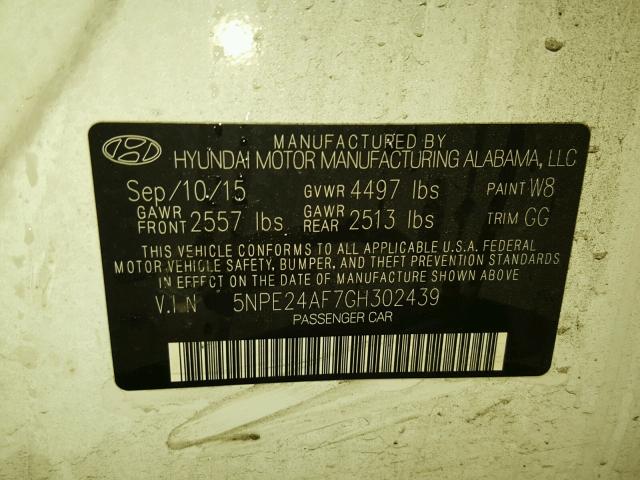 5NPE24AF7GH302439 - 2016 HYUNDAI SONATA SE WHITE photo 10