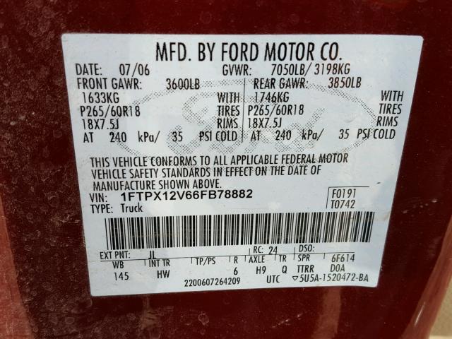 1FTPX12V66FB78882 - 2006 FORD F150 RED photo 10