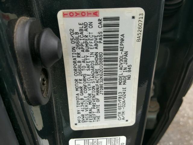 JTDBE32K620108880 - 2002 TOYOTA CAMRY LE GREEN photo 10