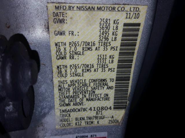 1N6AD0CW7BC410804 - 2011 NISSAN FRONTIER S SILVER photo 10