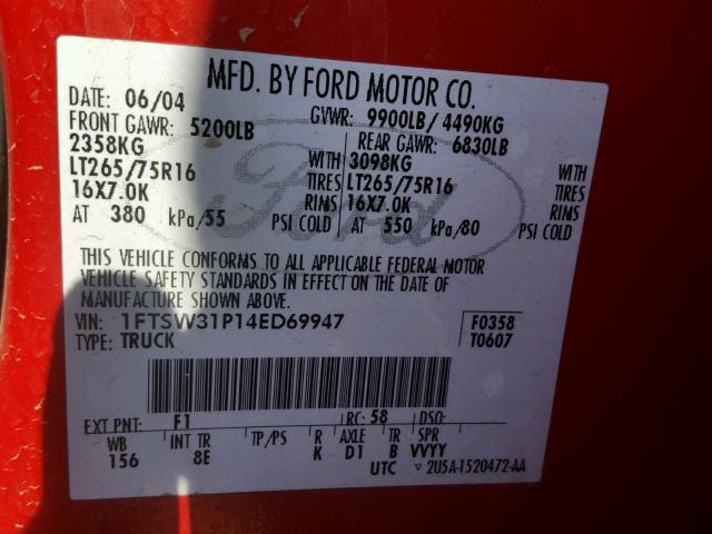 1FTSW31P14ED69947 - 2004 FORD F350 SRW S RED photo 10