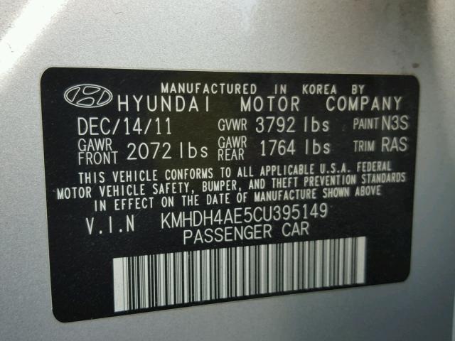 KMHDH4AE5CU395149 - 2012 HYUNDAI ELANTRA GL SILVER photo 10