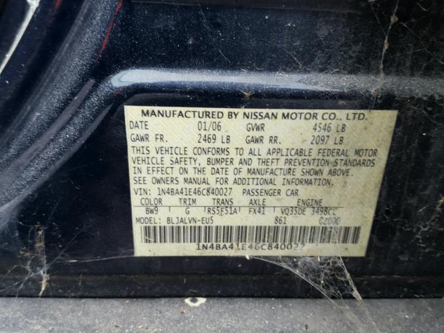 1N4BA41E46C840027 - 2006 NISSAN MAXIMA SE BLUE photo 10